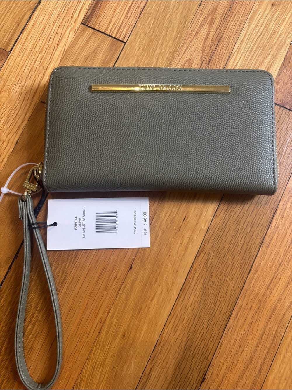 Steve Madden Olive Green Zip-Around Wristlet Wallet with Gold Accent